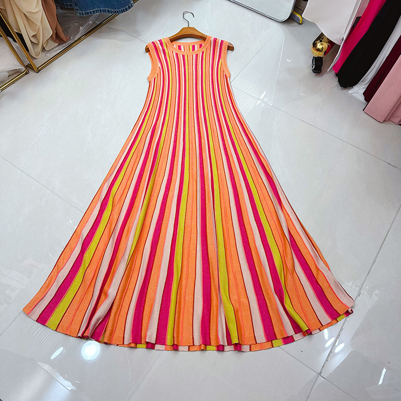 Thirteen Rows Nanyou High end Round Neck Sleeveless Slimming Medium to Long Cross Color Striped Knitted Dress A1 # 8526