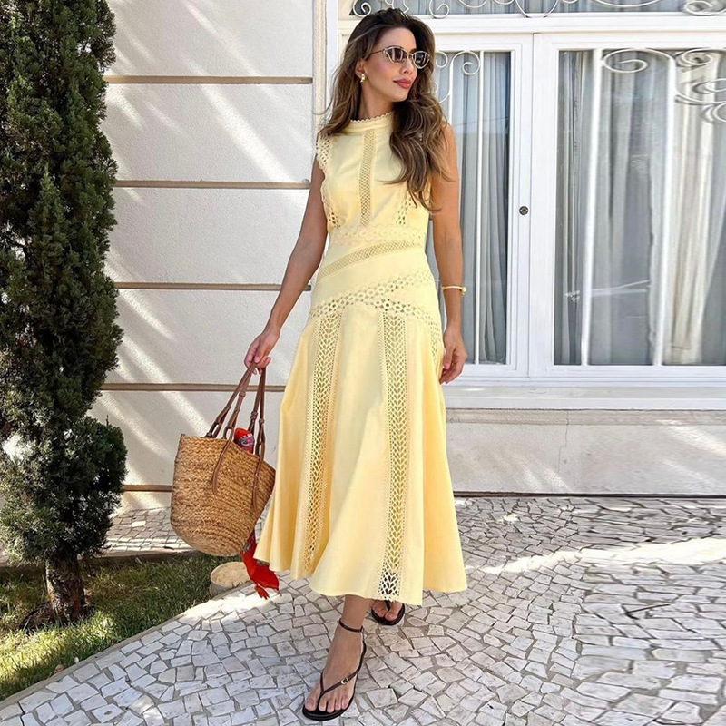 European and American cross-border seaside vacation style long dress for spring and summer 2025 stand up collar sleeveless lace fashion hollow waist dress