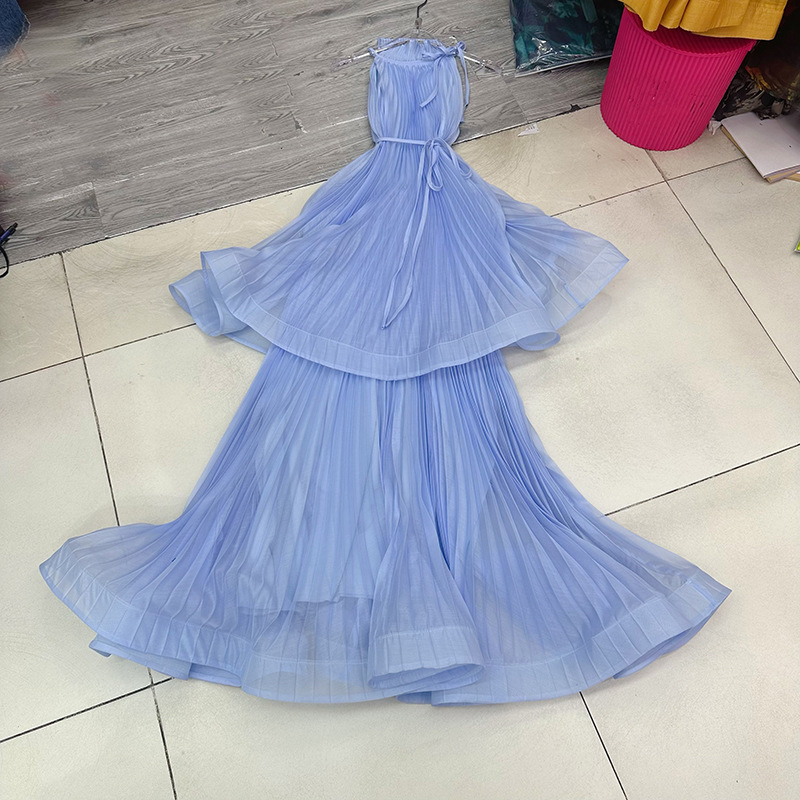 Thirteen line Australian niche pleated anti stripe hanging neck tank top, doll shirt, belly covering dress A2 # 8557