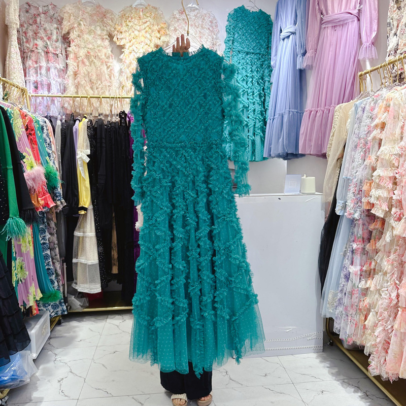 Thirteen Rows European Station French New Fashionable Mesh Black Fungus Woven Round Neck Long Sleeve Heavy Industry Dress A3 # 5218 Thirteen Rows European Station French New Fashionable Mesh Black Fungus Woven Round Neck Long Sleeve Heavy Industry Dress A3 # 5218