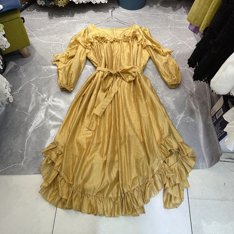 Thirteen line Australian niche V-neck ruffle edge loose mid length dress with oversized hem paired with belt dress C1 # 1916 Thirteen line Australian niche V-neck ruffle edge loose mid length dress with oversized hem paired with belt dress C1 # 1916