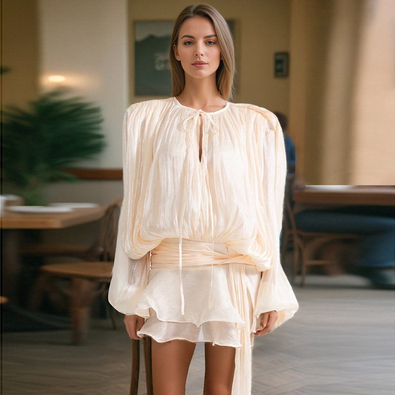 Cross border popular mesh bubble sleeve short skirt 2025 summer new item pleated ruffle edge design short dress for women