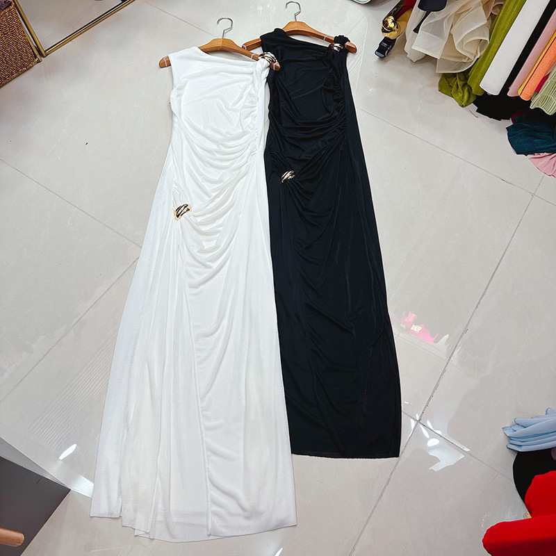 Thirteen Rows Vietnam One Shoulder Dress Dinner Birthday Party Metal Buckle Long Dress Evening Dress A1 # 8571