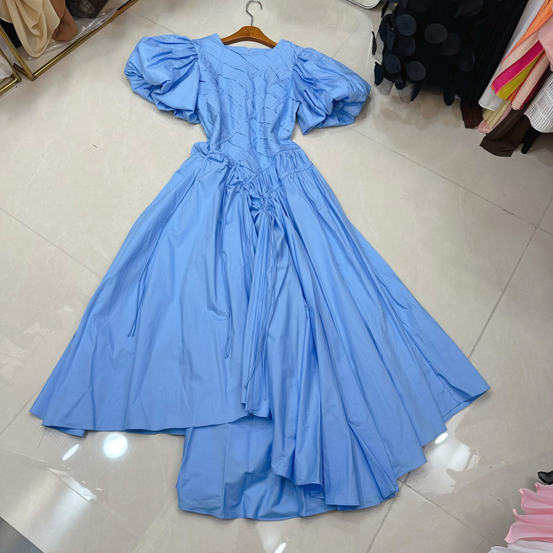 Thirteen line retro bubble sleeve pleated irregular hem long skirt round neck green white dress A2 # 8516 Thirteen line retro bubble sleeve pleated irregular hem long skirt round neck green white dress A2 # 8516