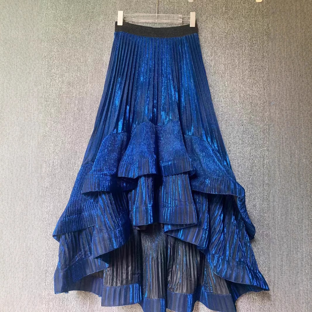 Thirteen line glossy elegant irregular splicing hundred fold skirt with high-end feel, large swing long skirt, half body skirt A3 # 8904 Thirteen line glossy elegant irregular splicing hundred fold skirt with high-end feel, large swing long skirt, half body skirt A3 # 8904