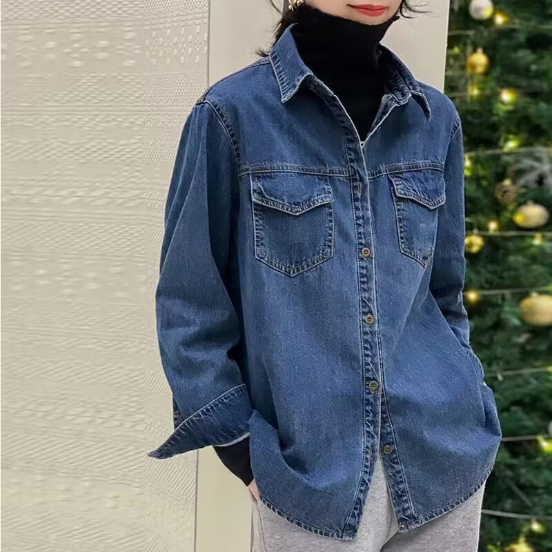 Cowboy shirt women's long sleeved college style 2025 spring and autumn new item slim fit versatile Korean style denim shirt women's base shirt Cowboy shirt women's long sleeved college style 2025 spring and autumn new item slim fit versatile Korean style denim shirt women's base shirt