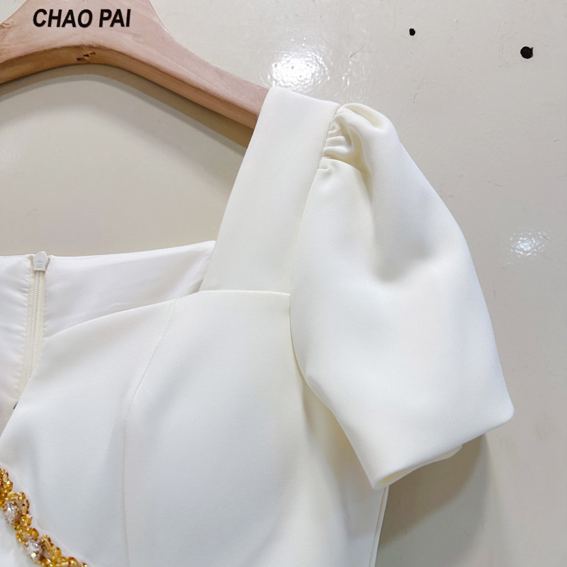 Thirteen line Australian niche fashion slimming square neck French bubble short sleeved waist cinching dress gift skirt A2 # 8371 Thirteen line Australian niche fashion slimming square neck French bubble short sleeved waist cinching dress gift skirt A2 # 8371