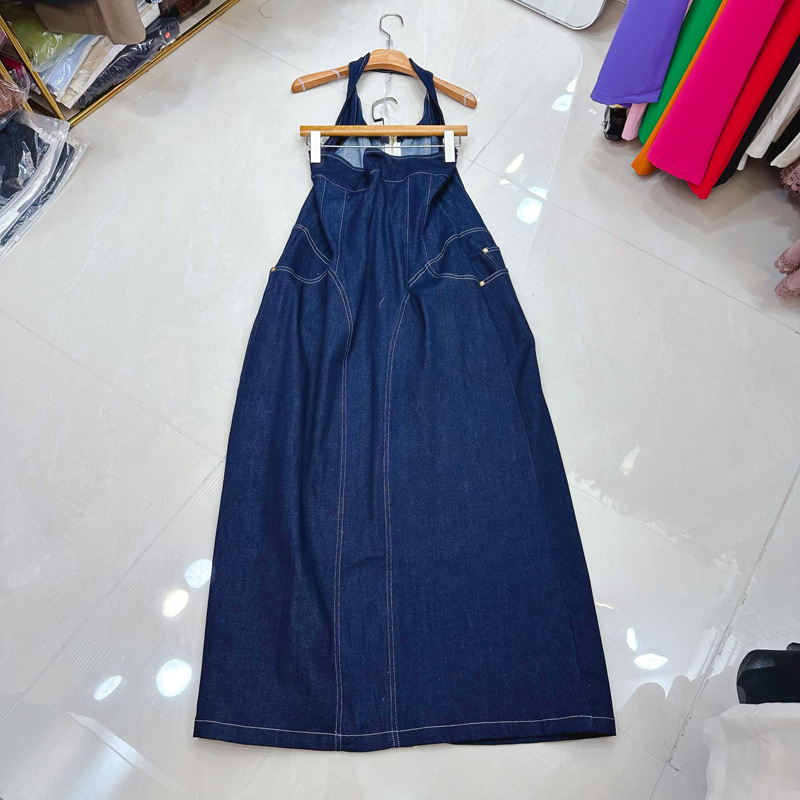 Thirteen line French design, niche personality splicing, waist zipper, backless denim strap dress A2 # 8116 Thirteen line French design, niche personality splicing, waist zipper, backless denim strap dress A2 # 8116