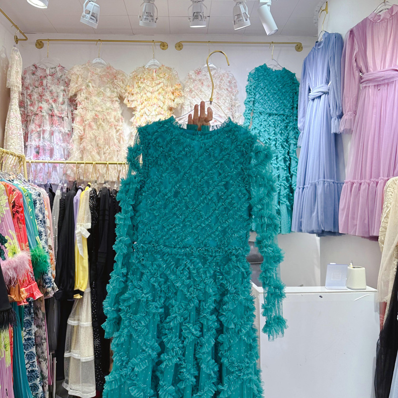 Thirteen Rows European Station French New Fashionable Mesh Black Fungus Woven Round Neck Long Sleeve Heavy Industry Dress A3 # 5218 Thirteen Rows European Station French New Fashionable Mesh Black Fungus Woven Round Neck Long Sleeve Heavy Industry Dress A3 # 5218