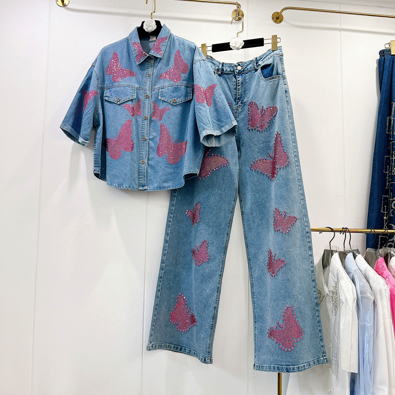 Thirteen Rows Cross border Foreign Trade Heavy Industry Hot Diamond Butterfly Short sleeved Shirt+Jeans Loose Straight leg Pants C1 # 1255
