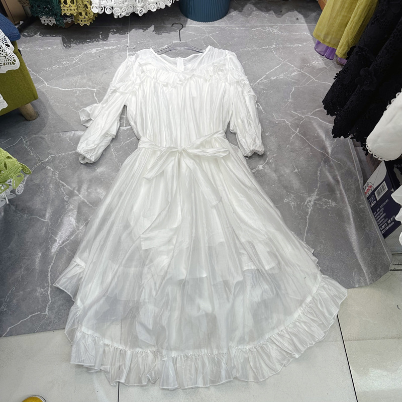 Thirteen line Australian niche V-neck ruffle edge loose mid length dress with oversized hem paired with belt dress C1 # 1916 Thirteen line Australian niche V-neck ruffle edge loose mid length dress with oversized hem paired with belt dress C1 # 1916