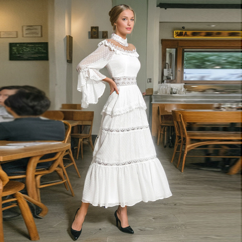 French classical style waist cinching slimming stand up collar long dress 2025 new patchwork ruffle edge mesh long dress for women