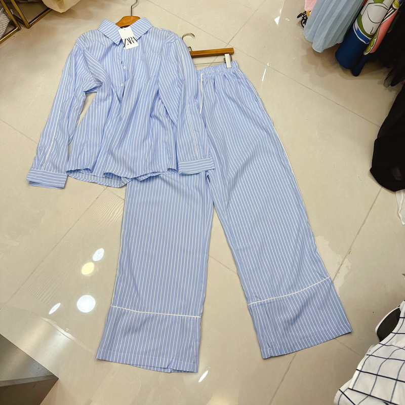 Thirteen line Australian French niche collar vertical striped long sleeved shirt+striped casual pants set A2 # 8378 Thirteen line Australian French niche collar vertical striped long sleeved shirt+striped casual pants set A2 # 8378