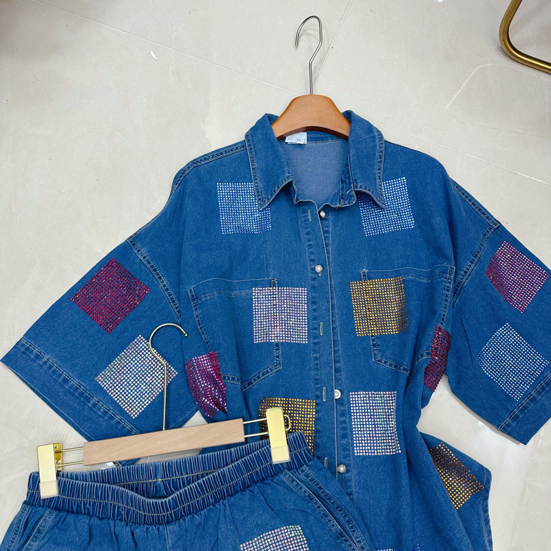 Thirteen Rows Australian Wide Leg Denim Shorts Heavy duty Sticky Diamond Denim Shirt High Waist Shorts Set C1 # 2163 Thirteen Rows Australian Wide Leg Denim Shorts Heavy duty Sticky Diamond Denim Shirt High Waist Shorts Set C1 # 2163