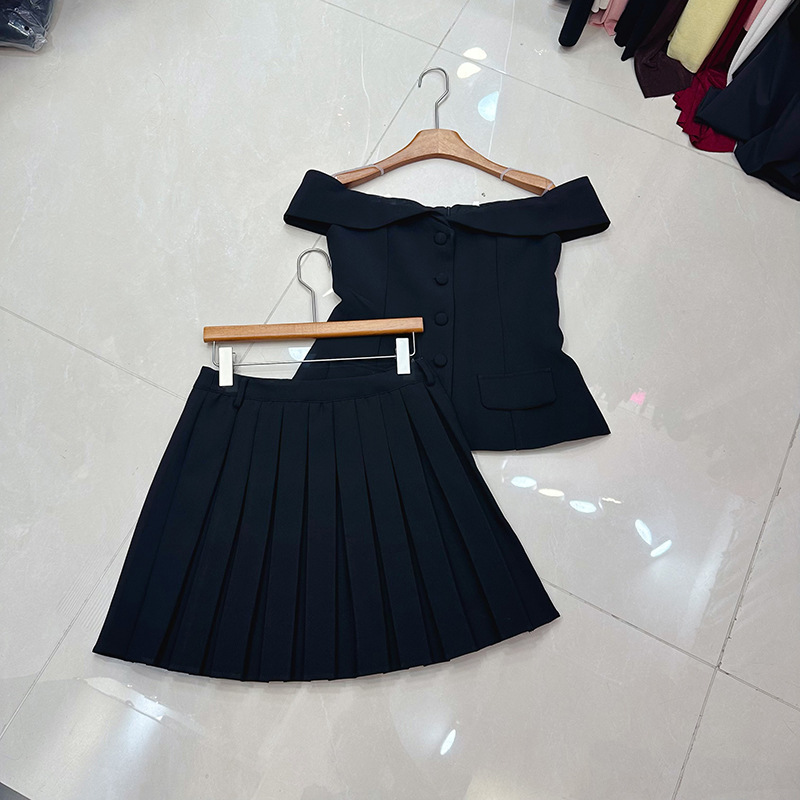 Thirteen line Australian niche lapel one shoulder sleeveless suit jacket+pleated skirt set A2 # 8537 Thirteen line Australian niche lapel one shoulder sleeveless suit jacket+pleated skirt set A2 # 8537