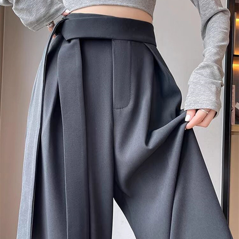 Grey high waisted lace up narrow version suit wide leg pants for women in summer, loose and casual, hanging straight leg mop pants Grey high waisted lace up narrow version suit wide leg pants for women in summer, loose and casual, hanging straight leg mop pants