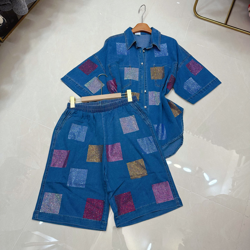 Thirteen Rows Australian Wide Leg Denim Shorts Heavy duty Sticky Diamond Denim Shirt High Waist Shorts Set C1 # 2163