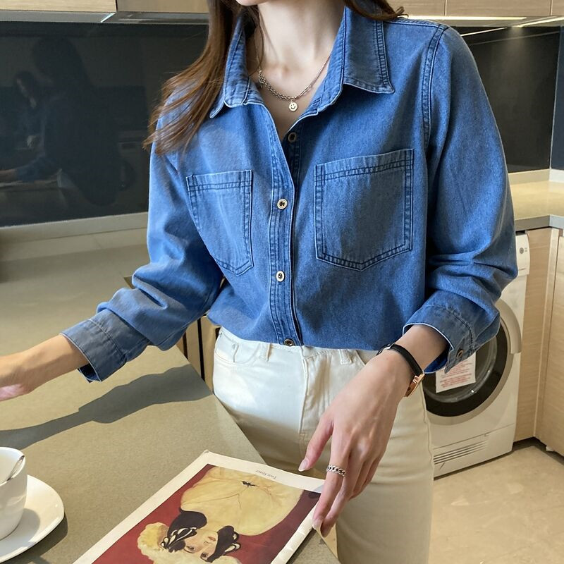 Retro Hong Kong style blue shirt denim shirt for women, petite, Spring and Autumn 2025 new design, niche jacket for women Retro Hong Kong style blue shirt denim shirt for women, petite, Spring and Autumn 2025 new design, niche jacket for women
