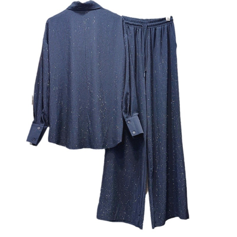 Thirteen Rows Winter New Fashionable Light Mature Heavy duty Full Diamond Shirt+Drawstring Straight Pants Set D1 # 5906 Thirteen Rows Winter New Fashionable Light Mature Heavy duty Full Diamond Shirt+Drawstring Straight Pants Set D1 # 5906