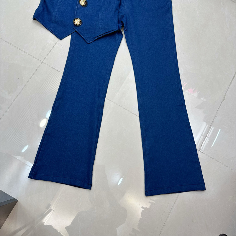 Thirteen line Australian design metal buckle round neck sleeveless denim vest+high waisted denim suit A2 # 8356 Thirteen line Australian design metal buckle round neck sleeveless denim vest+high waisted denim suit A2 # 8356