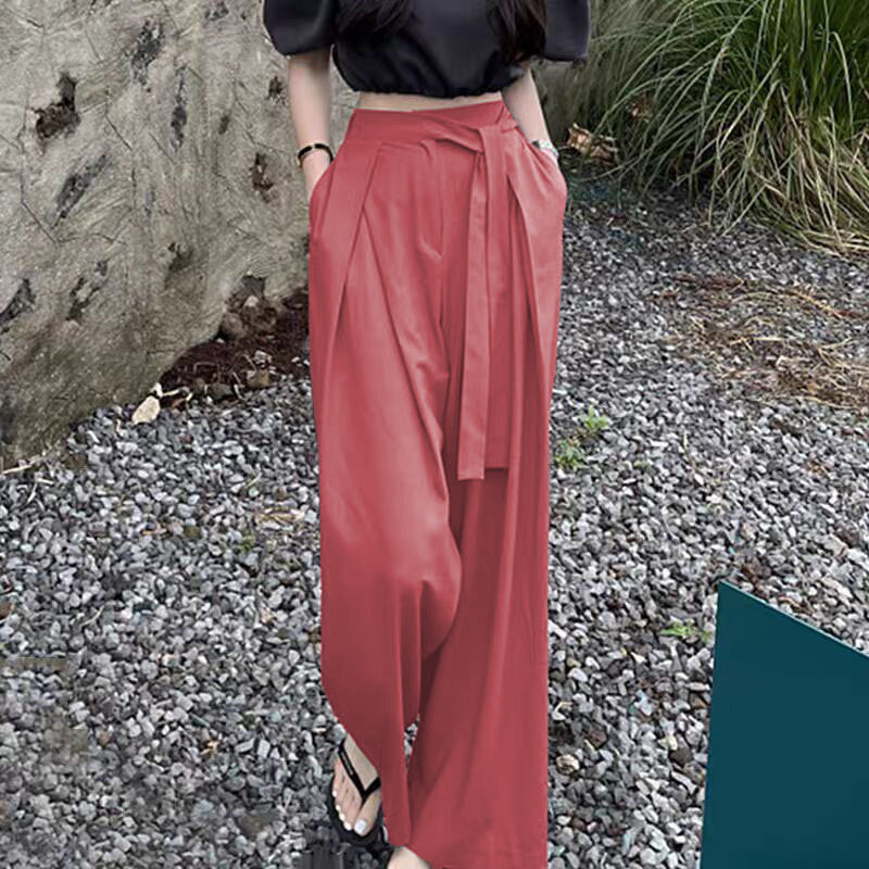 Korean chic niche versatile high waisted pleated asymmetrical strap design with hanging sensation, wide legs, floor length pants, long pants for women Korean chic niche versatile high waisted pleated asymmetrical strap design with hanging sensation, wide legs, floor length pants, long pants for women