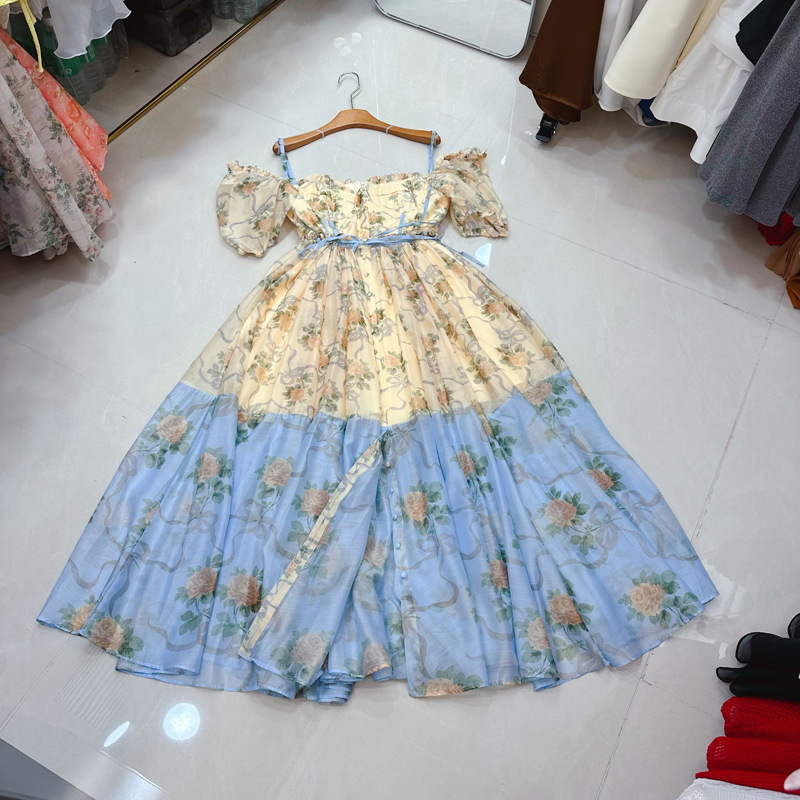 Thirteen Rows European Station French Long Style Simulated Silk Printed Buckle Retro Bubble Sleeve Dress A1 # 8020 Thirteen Rows European Station French Long Style Simulated Silk Printed Buckle Retro Bubble Sleeve Dress A1 # 8020