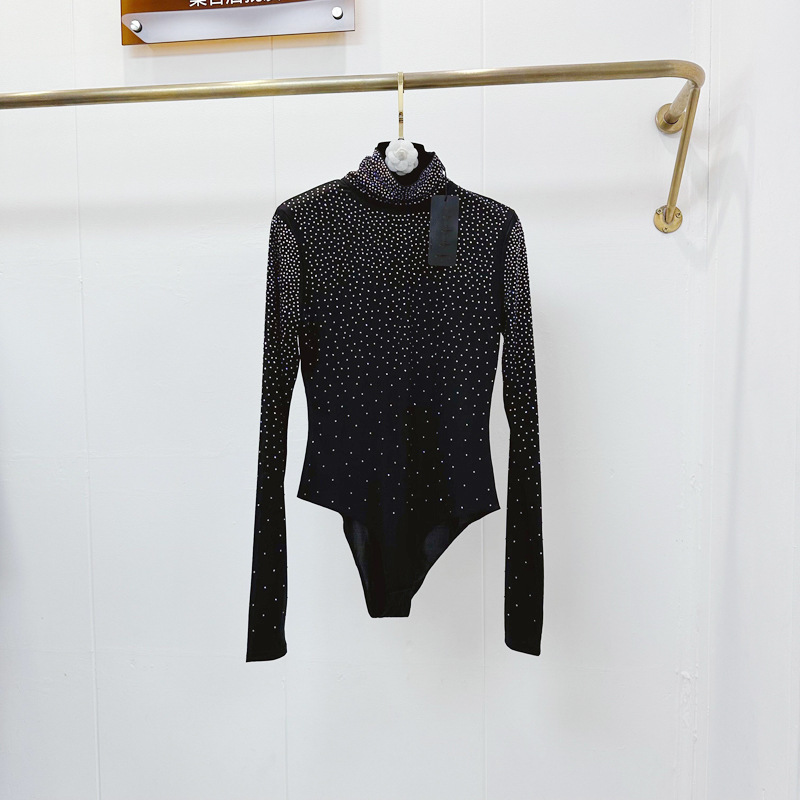 Thirteen line European style full body hot stamping diamond pleated high neck niche slim fit elastic long sleeved hip hugging jumpsuit Q1 # 5781 Thirteen line European style full body hot stamping diamond pleated high neck niche slim fit elastic long sleeved hip hugging jumpsuit Q1 # 5781