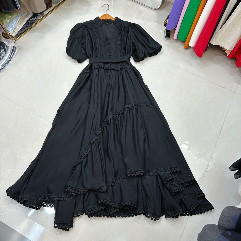 Thirteen Rows Australian niche light luxury vacation beach V-neck bubble sleeve patchwork lace big swing dress A2 # 8118 Thirteen Rows Australian niche light luxury vacation beach V-neck bubble sleeve patchwork lace big swing dress A2 # 8118