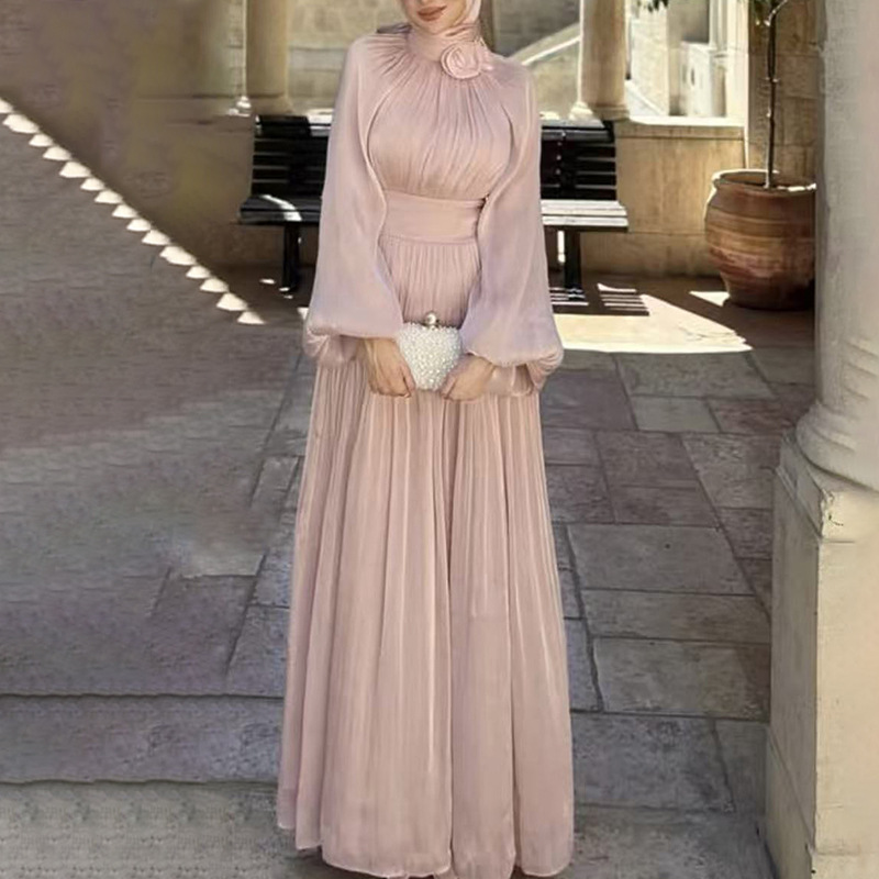 Cross border retro solid color high waisted dress 2025 new high neck three-dimensional flower bubble sleeves pleated mesh long dress
