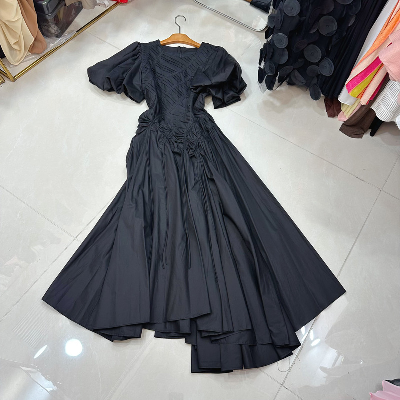 Thirteen line retro bubble sleeve pleated irregular hem long skirt round neck green white dress A2 # 8516 Thirteen line retro bubble sleeve pleated irregular hem long skirt round neck green white dress A2 # 8516