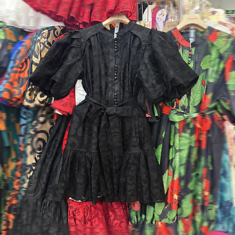 Thirteen line Thai niche loose bubble sleeve single breasted plush lace up bubble sleeve dress A3 # 8970 Thirteen line Thai niche loose bubble sleeve single breasted plush lace up bubble sleeve dress A3 # 8970