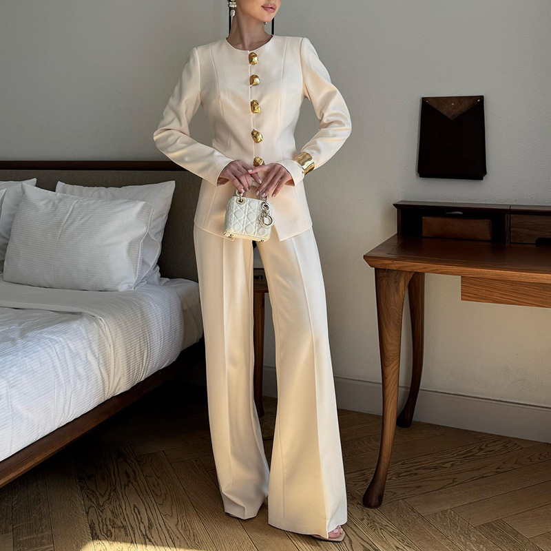 Temperament casual suit for women 2025 new round neck long sleeved metal buckle slim fit top+high waist slimming straight leg pants