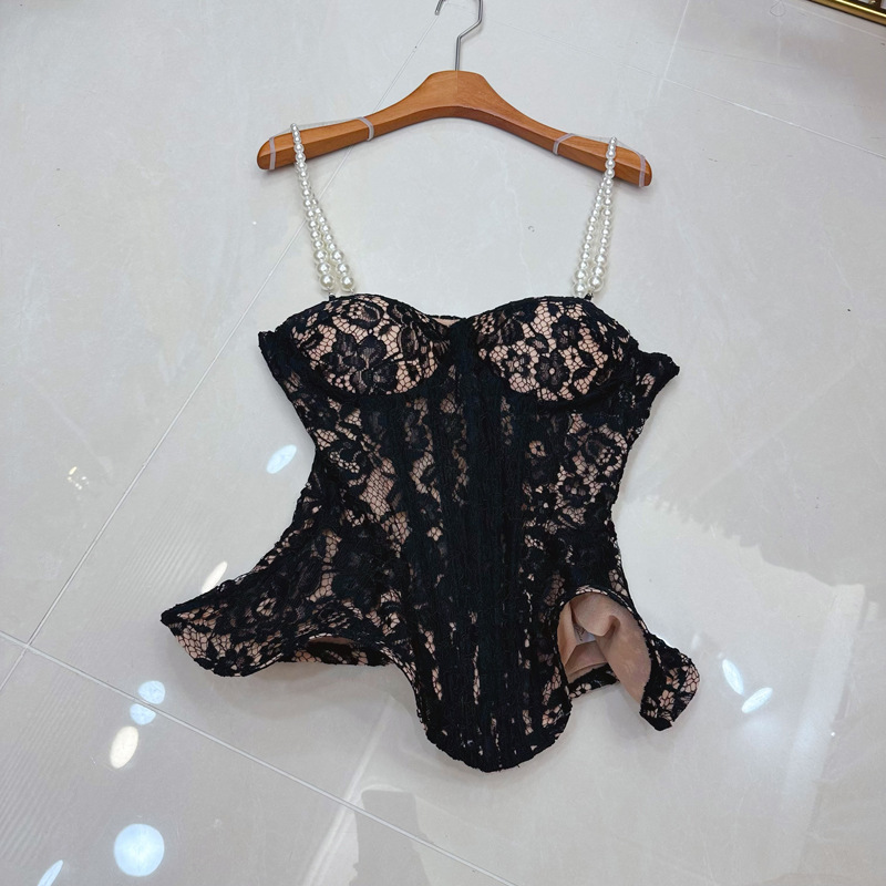 Thirteen line Australian lace embroidered fishbone pearl white camisole vest+straight leg micro flared pants set C1 # 2157 Thirteen line Australian lace embroidered fishbone pearl white camisole vest+straight leg micro flared pants set C1 # 2157