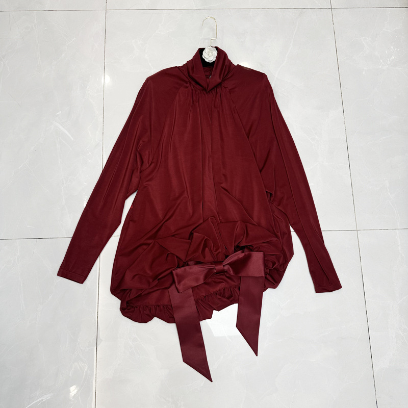 Thirteen line European standing collar long sleeved pleated design with butterfly bow temperament dark style dress D2 # 1818 Thirteen line European standing collar long sleeved pleated design with butterfly bow temperament dark style dress D2 # 1818