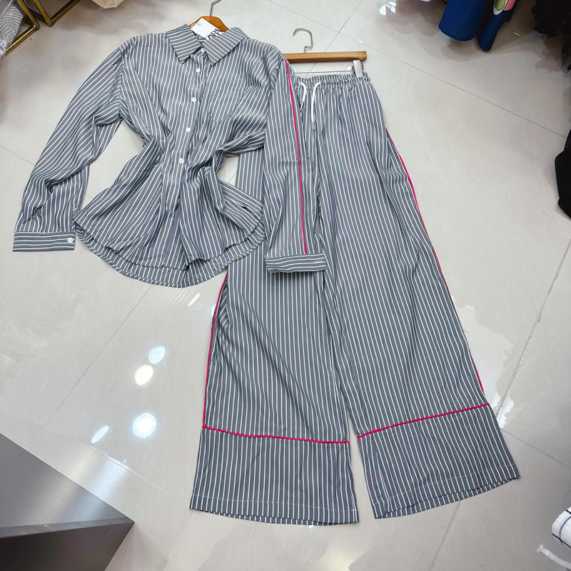 Thirteen line Australian French niche collar vertical striped long sleeved shirt+striped casual pants set A2 # 8378