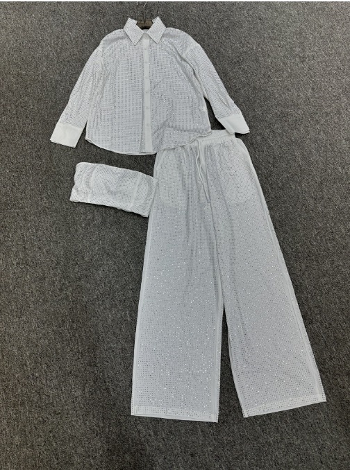 Thirteen Rows Winter New Fashionable Light Mature Heavy duty Full Diamond Shirt+Drawstring Straight Pants Set D1 # 5906 Thirteen Rows Winter New Fashionable Light Mature Heavy duty Full Diamond Shirt+Drawstring Straight Pants Set D1 # 5906