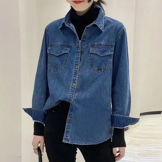 Retro Hong Kong style blue shirt denim shirt for women, petite, Spring and Autumn 2025 new design, niche jacket for women Retro Hong Kong style blue shirt denim shirt for women, petite, Spring and Autumn 2025 new design, niche jacket for women