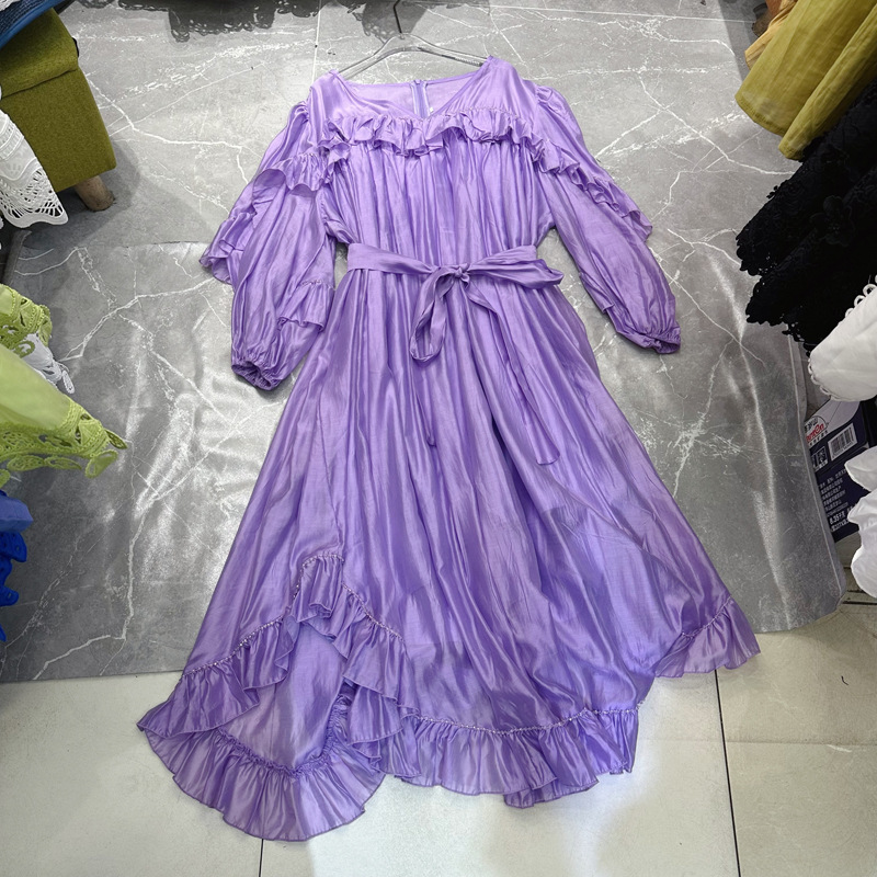 Thirteen line Australian niche V-neck ruffle edge loose mid length dress with oversized hem paired with belt dress C1 # 1916 Thirteen line Australian niche V-neck ruffle edge loose mid length dress with oversized hem paired with belt dress C1 # 1916