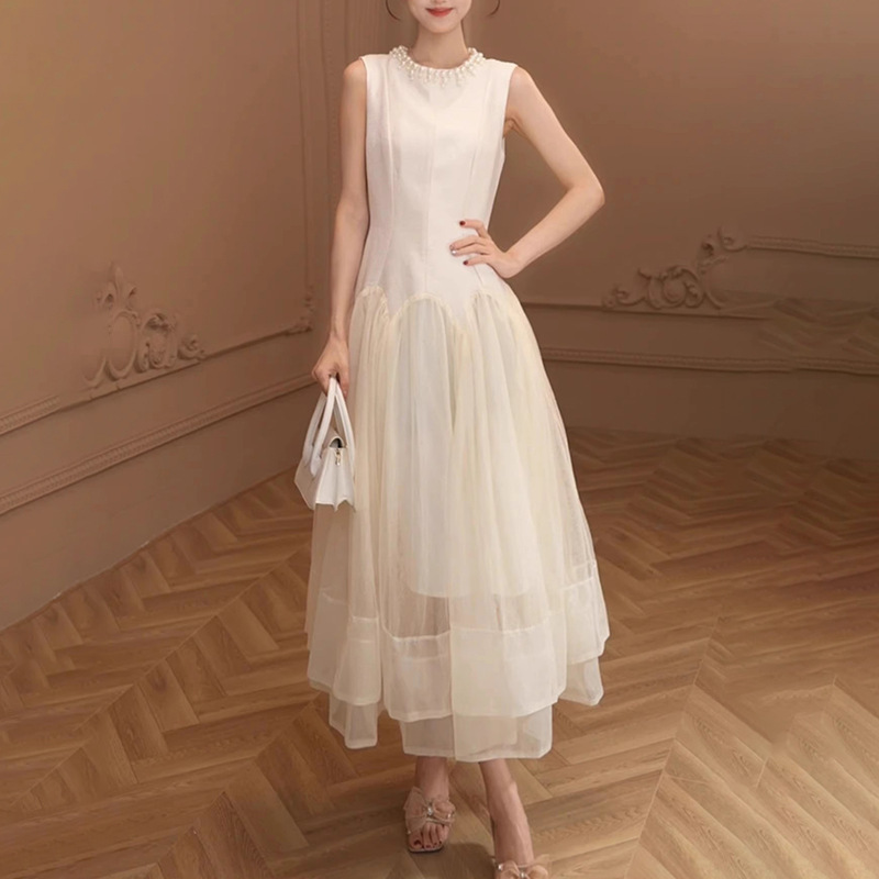 French fashion elegant style long skirt 2025 summer new round neck sleeveless nail bead splicing mesh design feeling dress
