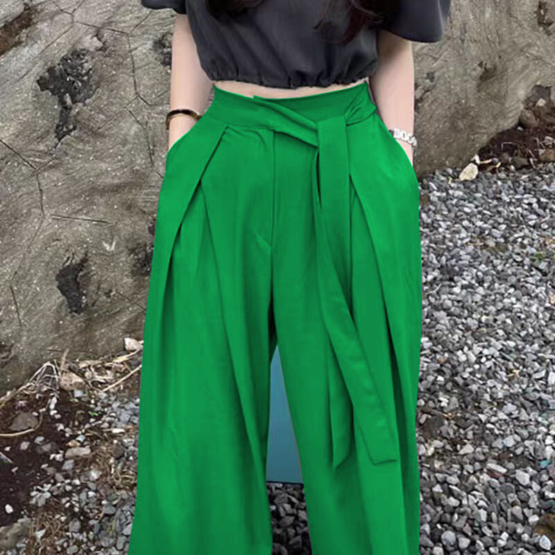 Korean chic niche versatile high waisted pleated asymmetrical strap design with hanging sensation, wide legs, floor length pants, long pants for women Korean chic niche versatile high waisted pleated asymmetrical strap design with hanging sensation, wide legs, floor length pants, long pants for women