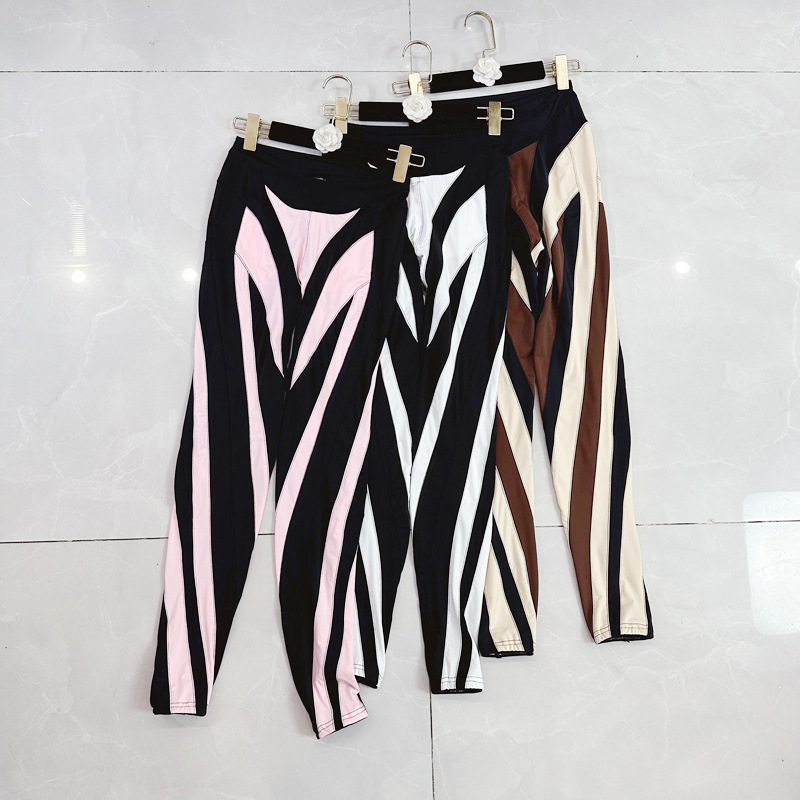Thirteen line niche autumn elastic waist contrasting color patchwork design sense European and American street trend slimming leggings D1 # 6852