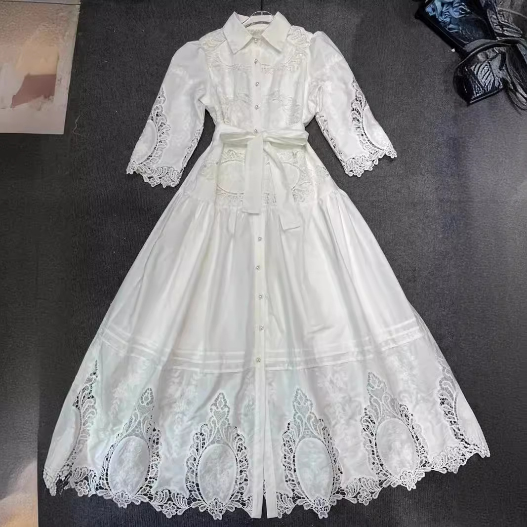 Thirteen line European Collar Bubble Sleeves Strap Waist Splicing Water soluble Flower Lace Dress Long Skirt A3 # 8138