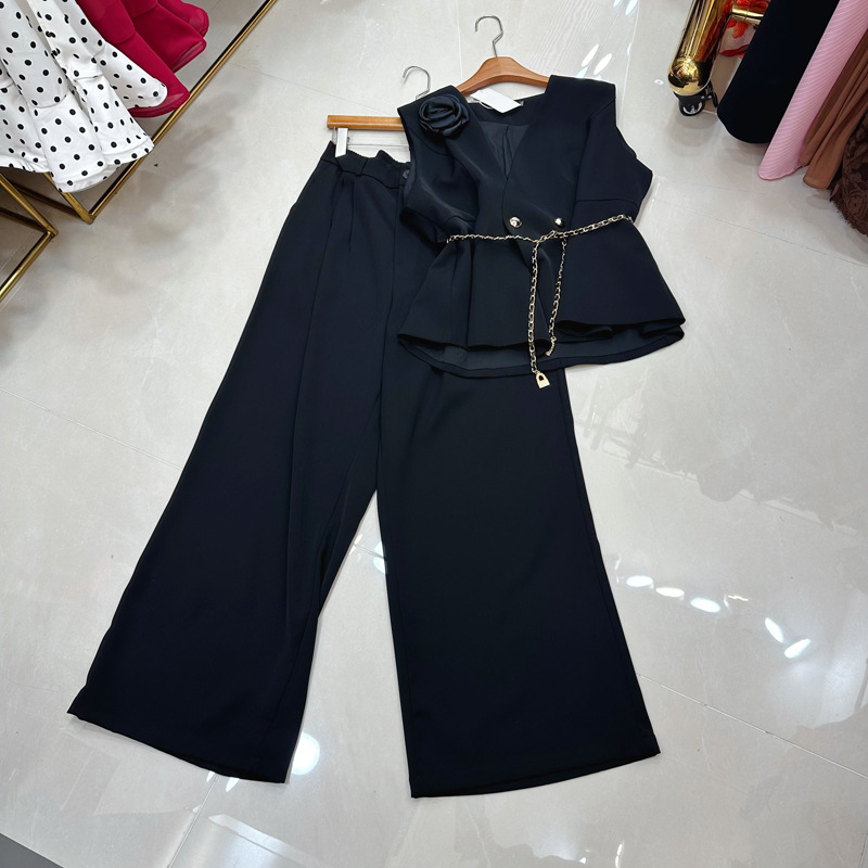 Thirteen line fashion V-neck sleeveless three-dimensional flower chain belt suit vest top pants set C2 # 2511 Thirteen line fashion V-neck sleeveless three-dimensional flower chain belt suit vest top pants set C2 # 2511