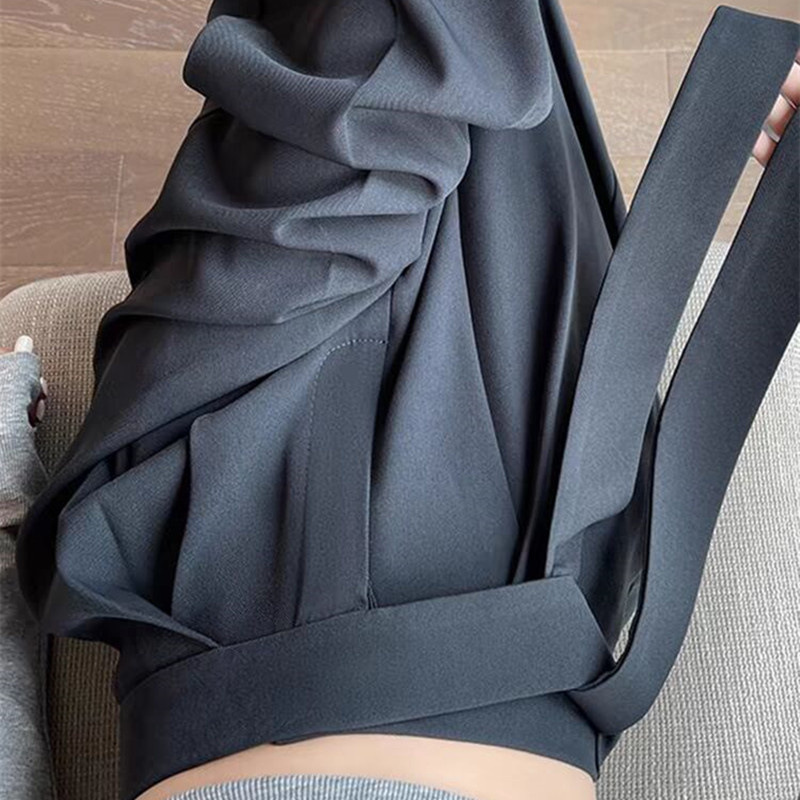 Grey high waisted lace up narrow version suit wide leg pants for women in summer, loose and casual, hanging straight leg mop pants Grey high waisted lace up narrow version suit wide leg pants for women in summer, loose and casual, hanging straight leg mop pants