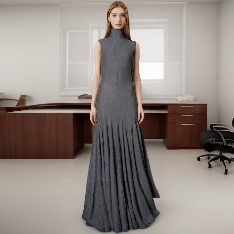 Yue Nan Feng Cross border Sexy Slimming Dress 2025 Autumn New Collection Standing Collar Sleeveless backless Design Hundred Fold Long Dress for Women