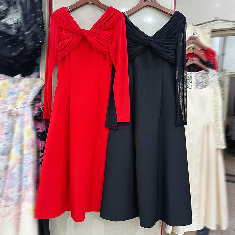 Thirteen line Australian niche dignified and generous tight fitting twisted mesh long sleeved patchwork waist cinching dress A2 # 1012