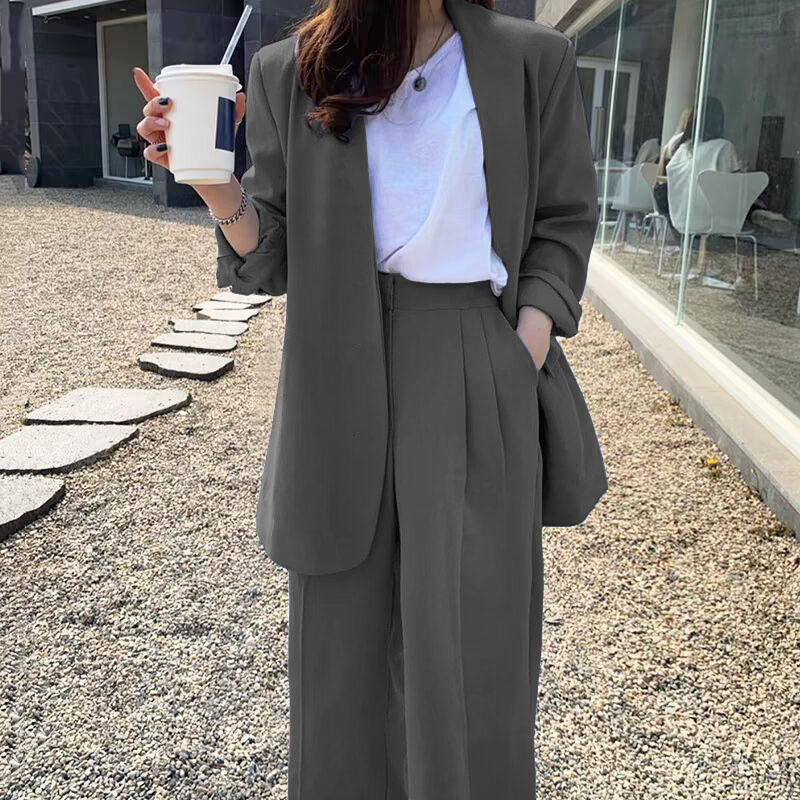 Wide leg pants suit set for women 2025 Spring and Autumn Korean edition fashion temperament British style casual street bombing professional small suit Wide leg pants suit set for women 2025 Spring and Autumn Korean edition fashion temperament British style casual street bombing professional small suit