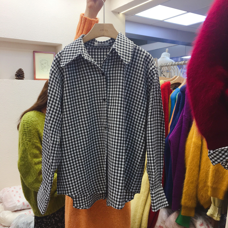 New Simida plaid lapel long sleeved casual cardigan shirt for women in Dongdaemun, South Korea