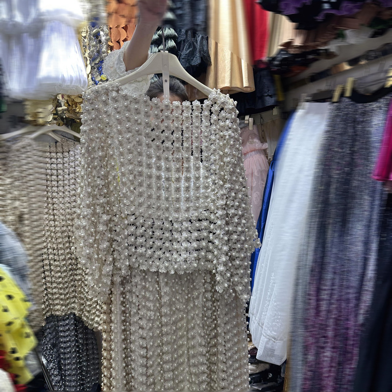 Thirteen line European and American perspective nail bead hollow water-soluble lace top+high waist skirt long skirt set A3 # 2277 Thirteen line European and American perspective nail bead hollow water-soluble lace top+high waist skirt long skirt set A3 # 2277