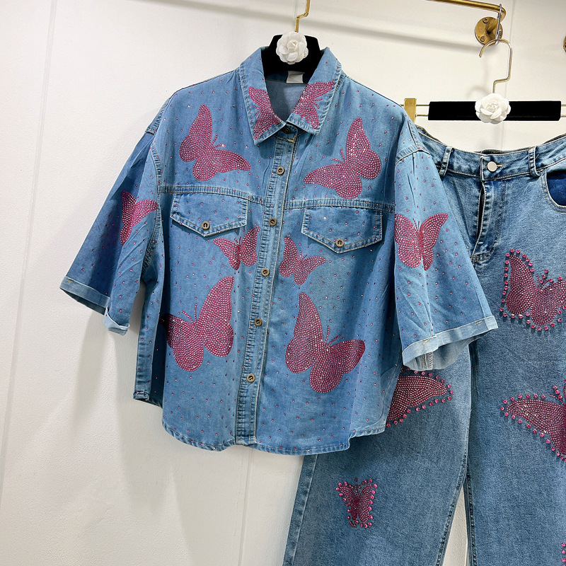 Thirteen Rows Cross border Foreign Trade Heavy Industry Hot Diamond Butterfly Short sleeved Shirt+Jeans Loose Straight leg Pants C1 # 1255 Thirteen Rows Cross border Foreign Trade Heavy Industry Hot Diamond Butterfly Short sleeved Shirt+Jeans Loose Straight leg Pants C1 # 1255